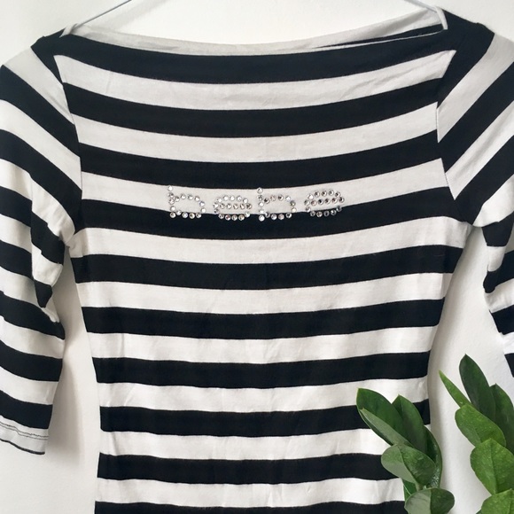 Striped bebe Rhinestone Logo 3/4 Sleeve Tee - Picture 1 of 7